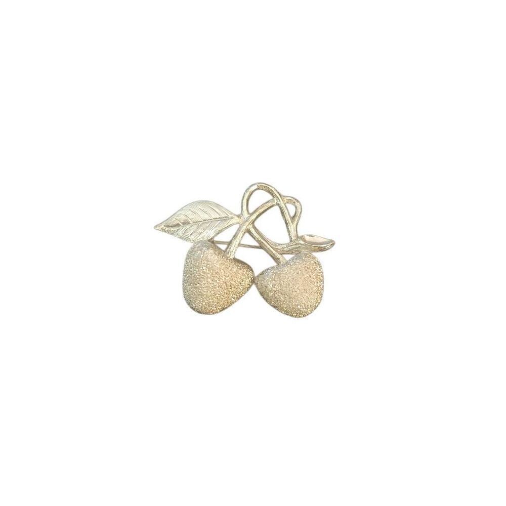 Vintage Costume Brooch Double‎ Cherry Brushed Silver Tone
